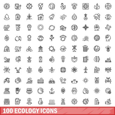 100 ekoloji ikonu ayarlandı. Beyaz arkaplanda izole edilmiş 100 ekoloji ikonu vektörünün taslağı