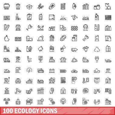 100 ekoloji ikonu ayarlandı. Beyaz arkaplanda izole edilmiş 100 ekoloji ikonu vektörünün taslağı
