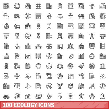 100 ekoloji ikonu ayarlandı. Beyaz arkaplanda izole edilmiş 100 ekoloji ikonu vektörünün taslağı
