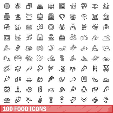 100 yemek ikonu. Beyaz arkaplanda izole edilmiş 100 gıda ikonu vektörünün taslağı
