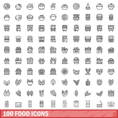 100 food icons set. Outline illustration of 100 food icons vector set isolated on white background clipart