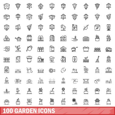 100 bahçe ikonu hazır. Beyaz arkaplanda izole edilmiş 100 bahçe ikonu vektörünün taslağı