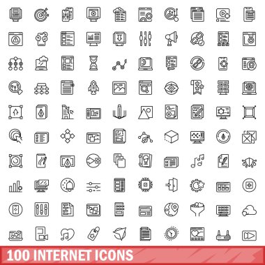 100 internet simgesi ayarlandı. Beyaz arkaplanda izole edilmiş 100 İnternet simgesi vektörünün taslağı