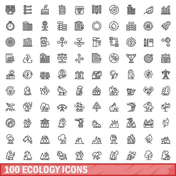 100 ekoloji ikonu ayarlandı. Beyaz arkaplanda izole edilmiş 100 ekoloji ikonu vektörünün taslağı