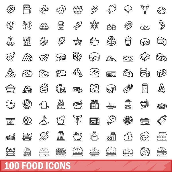 100个食品图标设置 在白色背景下分离的100个食品图标向量集的概要说明 — 图库矢量图片