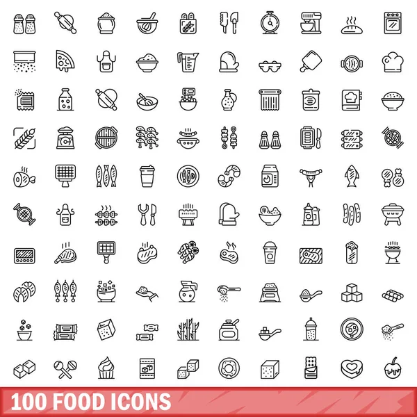 100 Iconos Comida Listos Esquema Ilustración 100 Iconos Alimentos Vector — Vector de stock