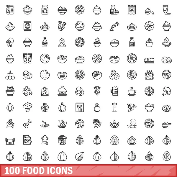 100 Ícones Comida Delineamento Ilustração 100 Ícones Alimentares Conjunto Vetorial — Vetor de Stock