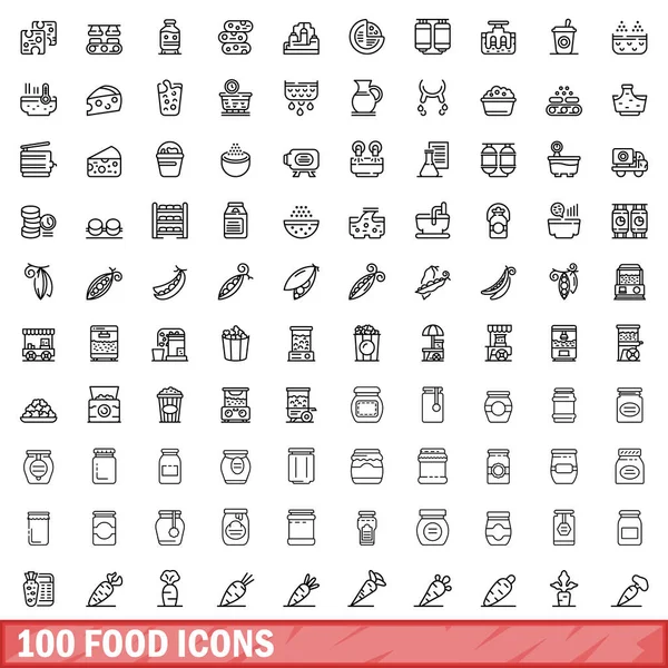 100 Icone Alimentari Impostate Illustrazione Schematica 100 Icone Alimentari Insieme — Vettoriale Stock