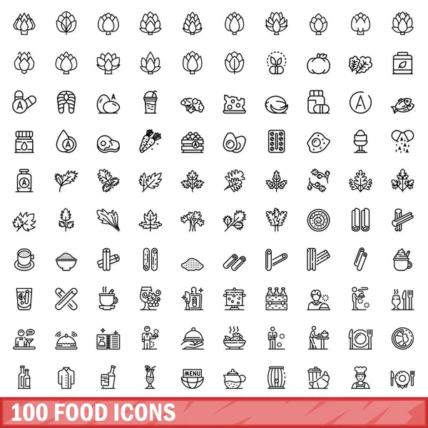 100 Ícones Comida Delineamento Ilustração 100 Ícones Alimentares Conjunto Vetorial — Vetor de Stock