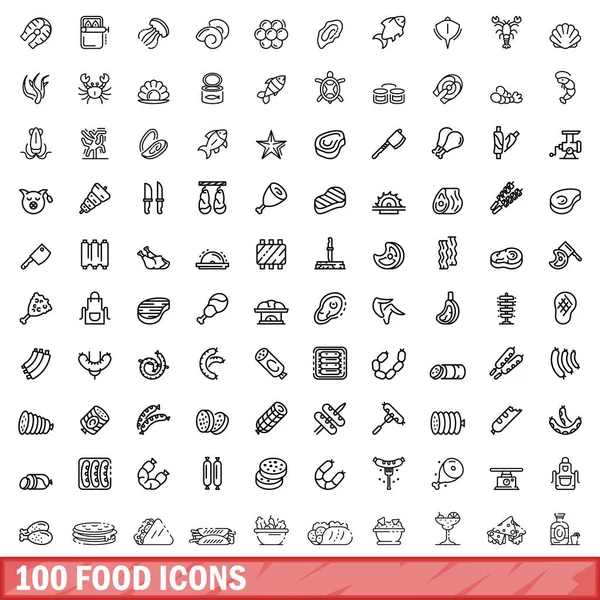 stock vector 100 food icons set. Outline illustration of 100 food icons vector set isolated on white background