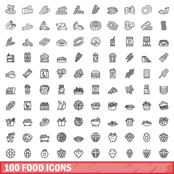 100 Продовольчих Іконок Начерки Ілюстрації 100 Іконок Їжі Векторний Набір — стоковий вектор