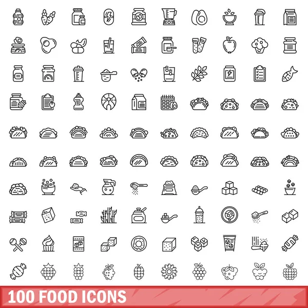 100 Iconos Comida Listos Esquema Ilustración 100 Iconos Alimentos Vector — Vector de stock