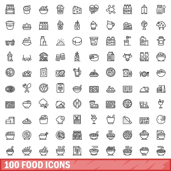 100 Ikon Żywności Zestaw Zarys Ilustracji 100 Ikon Żywności Wektor — Wektor stockowy