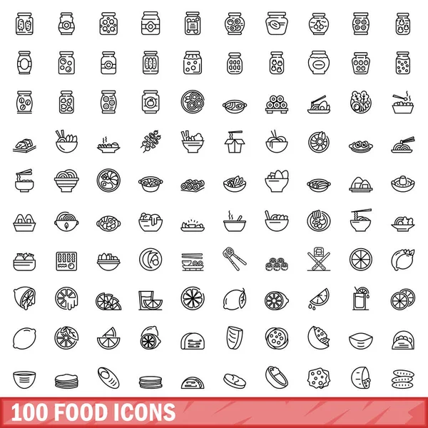100 Icone Alimentari Impostate Illustrazione Schematica 100 Icone Alimentari Insieme — Vettoriale Stock