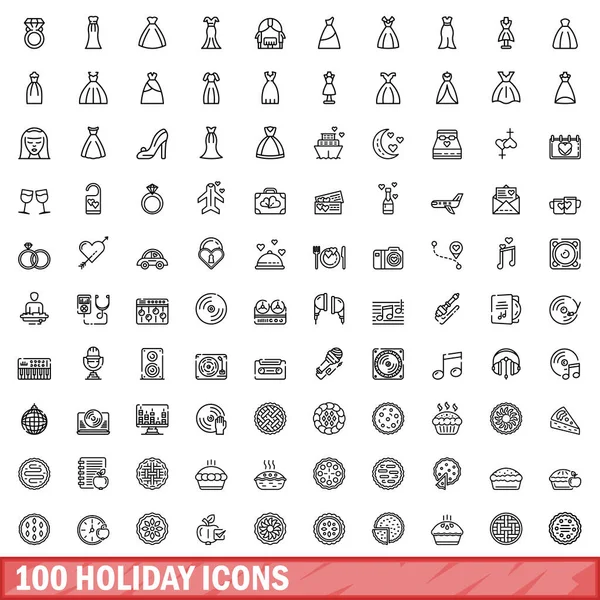100 Iconos Vacaciones Establecidos Esquema Ilustración 100 Iconos Vacaciones Conjunto — Vector de stock