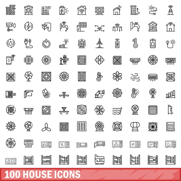 Conjunto 100 Iconos Casa Esquema Ilustración 100 Iconos Casa Conjunto — Vector de stock