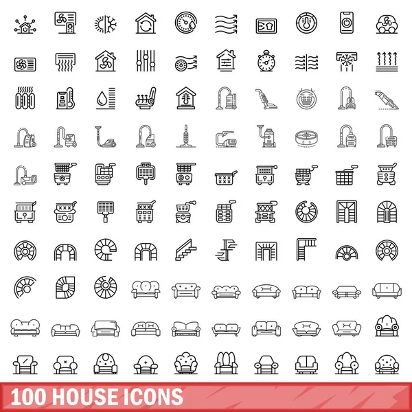 100 Ház Ikonok Beállítva Vázlat Illusztrációja 100 Ház Ikonok Vektor — Stock Vector