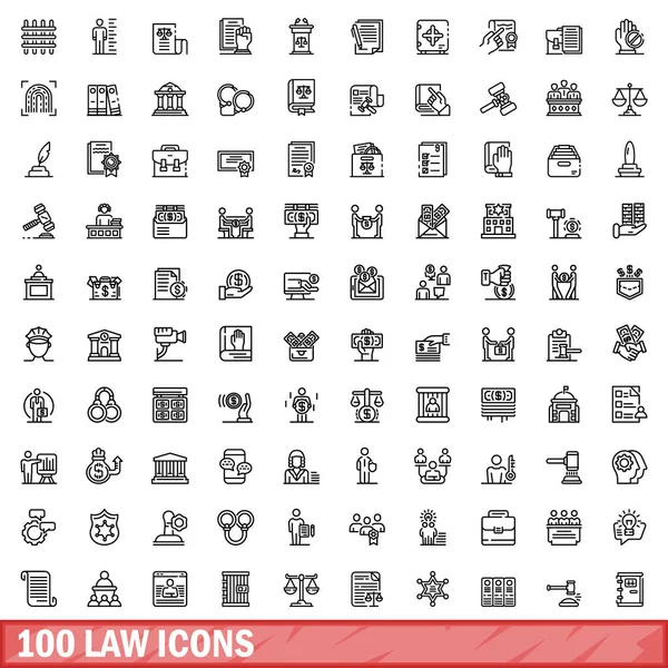 100 Icone Della Legge Impostate Illustrazione Schematica 100 Icone Della — Vettoriale Stock