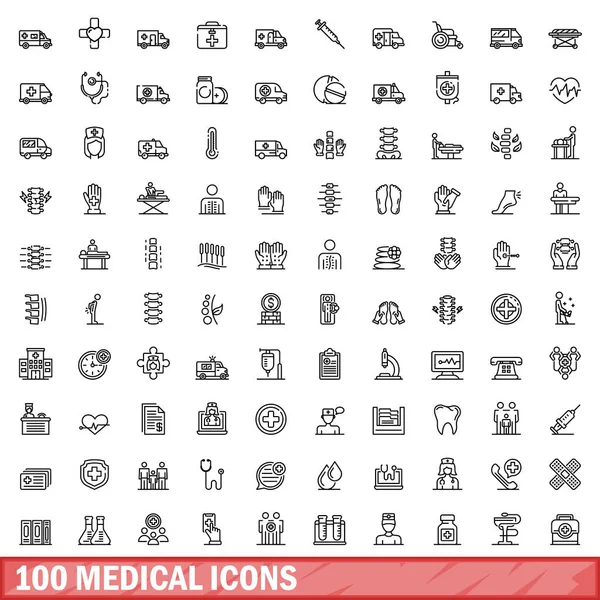 100 Iconos Médicos Esquema Ilustración 100 Iconos Médicos Vector Conjunto — Archivo Imágenes Vectoriales