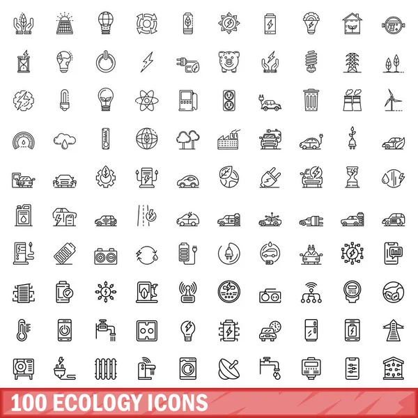 Set 100 Icone Dell Ecologia Illustrazione Schematica 100 Icone Dell — Vettoriale Stock