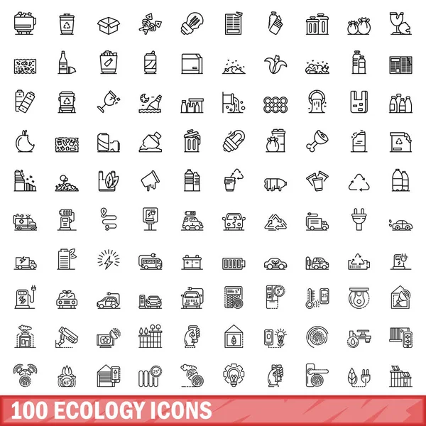 Set 100 Icone Dell Ecologia Illustrazione Schematica 100 Icone Dell — Vettoriale Stock