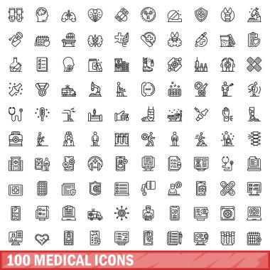100 tıbbi ikon hazır. Beyaz arkaplanda izole edilmiş 100 tıbbi simge vektörünün taslağı