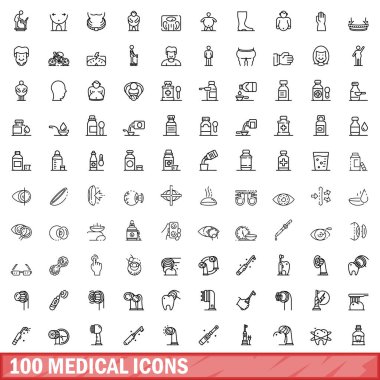 100 tıbbi ikon hazır. Beyaz arkaplanda izole edilmiş 100 tıbbi simge vektörünün taslağı