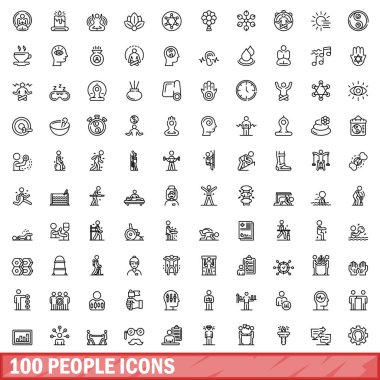 100 kişi simgesi oluşturuldu. Beyaz arkaplanda izole edilmiş 100 kişinin taslak çizimi