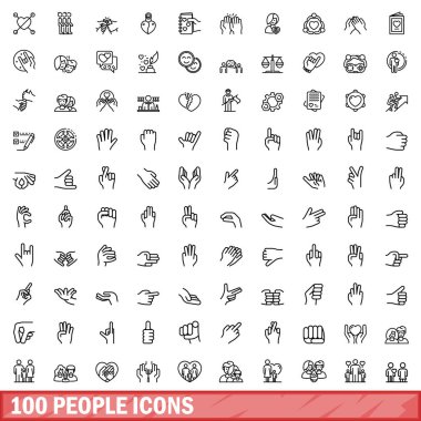 100 kişi simgesi oluşturuldu. Beyaz arkaplanda izole edilmiş 100 kişinin taslak çizimi