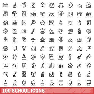 100 okul ikonu. Beyaz arkaplanda izole edilmiş 100 okul simgesi vektörünün ana hatları