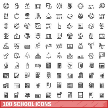 100 okul ikonu. Beyaz arkaplanda izole edilmiş 100 okul simgesi vektörünün ana hatları
