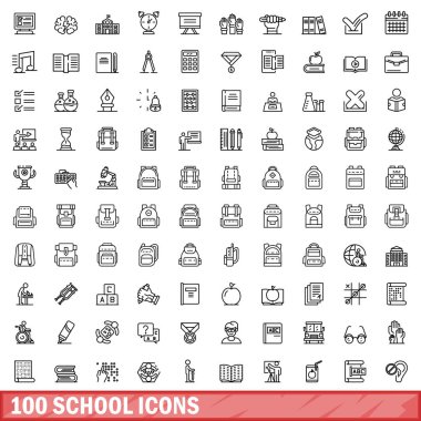100 okul ikonu. Beyaz arkaplanda izole edilmiş 100 okul simgesi vektörünün ana hatları