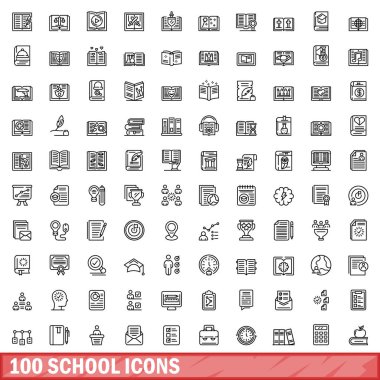100 okul ikonu. Beyaz arkaplanda izole edilmiş 100 okul simgesi vektörünün ana hatları