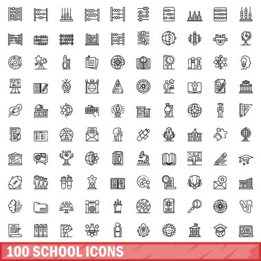 100 okul ikonu. Beyaz arkaplanda izole edilmiş 100 okul simgesi vektörünün ana hatları