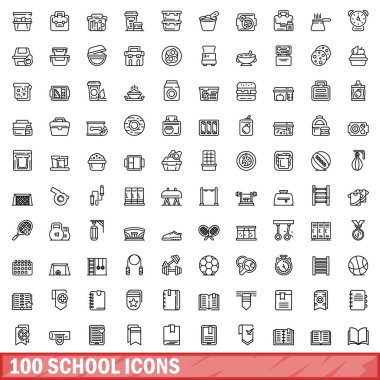 100 okul ikonu. Beyaz arkaplanda izole edilmiş 100 okul simgesi vektörünün ana hatları