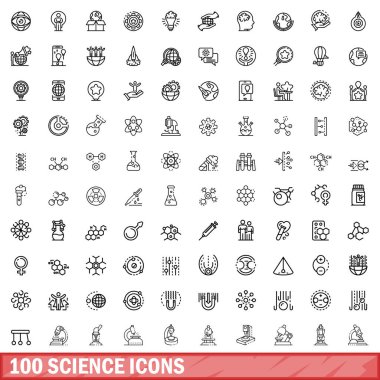 100 bilim ikonu ayarlandı. Beyaz arkaplanda izole edilmiş 100 bilim simgesi vektörünün ana hatları