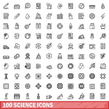 100 bilim ikonu ayarlandı. Beyaz arkaplanda izole edilmiş 100 bilim simgesi vektörünün ana hatları