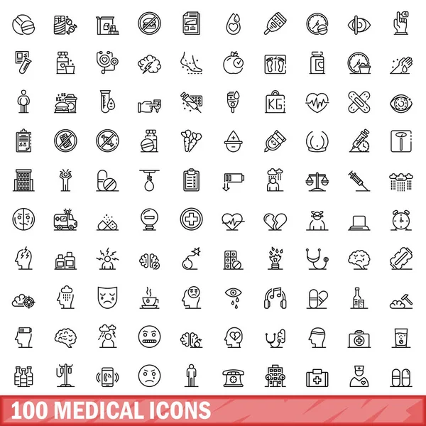 stock vector 100 medical icons set. Outline illustration of 100 medical icons vector set isolated on white background