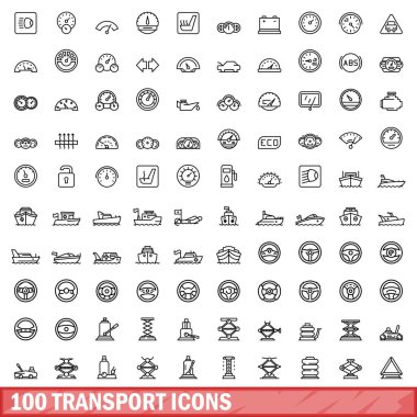 100 taşıma simgesi ayarlandı. Beyaz arkaplanda izole edilmiş 100 taşıyıcı simgesinin taslak çizimi