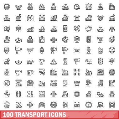 100 taşıma simgesi ayarlandı. Beyaz arkaplanda izole edilmiş 100 taşıyıcı simgesinin taslak çizimi