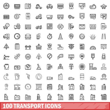 100 taşıma simgesi ayarlandı. Beyaz arkaplanda izole edilmiş 100 taşıyıcı simgesinin taslak çizimi
