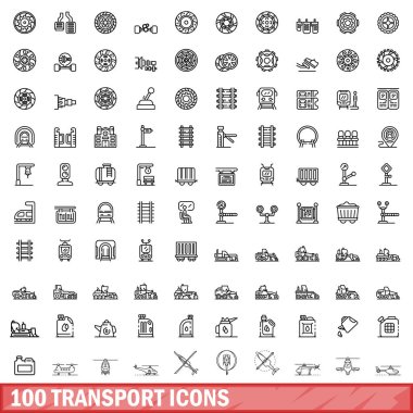 100 taşıma simgesi ayarlandı. Beyaz arkaplanda izole edilmiş 100 taşıyıcı simgesinin taslak çizimi