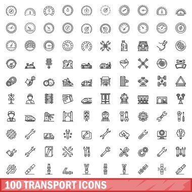 100 taşıma simgesi ayarlandı. Beyaz arkaplanda izole edilmiş 100 taşıyıcı simgesinin taslak çizimi