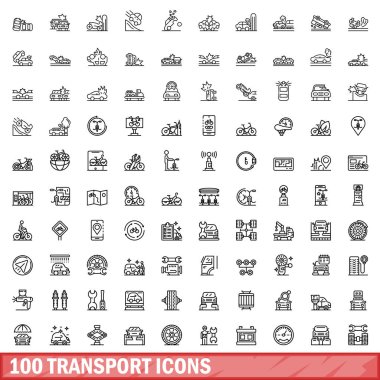 100 taşıma simgesi ayarlandı. Beyaz arkaplanda izole edilmiş 100 taşıyıcı simgesinin taslak çizimi