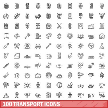 100 taşıma simgesi ayarlandı. Beyaz arkaplanda izole edilmiş 100 taşıyıcı simgesinin taslak çizimi