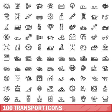 100 taşıma simgesi ayarlandı. Beyaz arkaplanda izole edilmiş 100 taşıyıcı simgesinin taslak çizimi