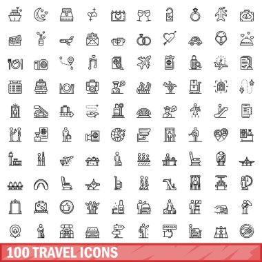 100 seyahat simgesi ayarlandı. Beyaz arkaplanda izole edilmiş 100 seyahat simgesinin taslak çizimi