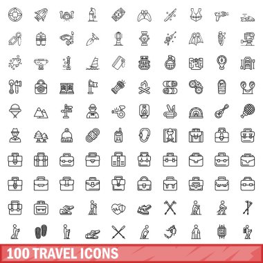 100 seyahat simgesi ayarlandı. Beyaz arkaplanda izole edilmiş 100 seyahat simgesinin taslak çizimi