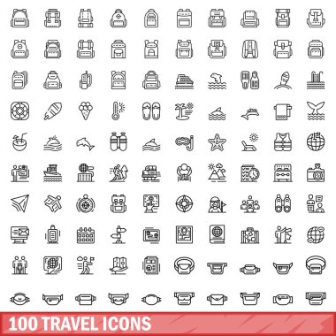 100 seyahat simgesi ayarlandı. Beyaz arkaplanda izole edilmiş 100 seyahat simgesinin taslak çizimi