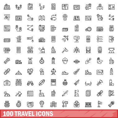 100 seyahat simgesi ayarlandı. Beyaz arkaplanda izole edilmiş 100 seyahat simgesinin taslak çizimi